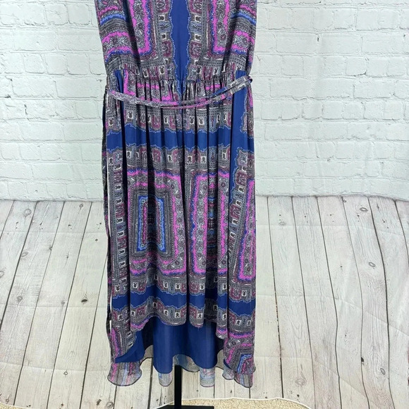Adrianna Papell Blue and Purple Floral Belted High Low Hemline Dress Size 4 - Picture 2 of 10